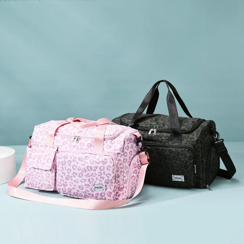Classica borsa da viaggio di grande capacità con stampa leopardata con tasche multiple e scomparto per scarpe