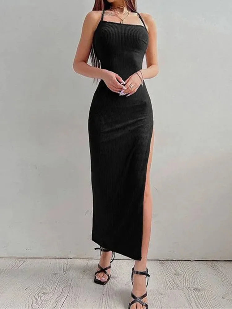 Abito aderente lungo sexy donna  senza maniche con cinturino a spacco alto