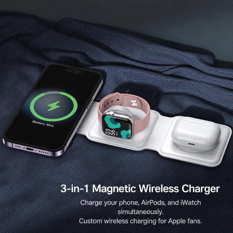 Stazione di ricarica magnetica da viaggio wireless charter portatile 3 in 1 completamente compatibile con il dock di ricarica compatto pieghevole MagSafe