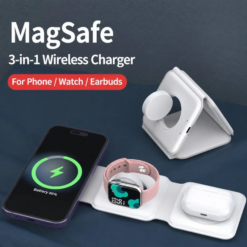 Stazione di ricarica magnetica da viaggio wireless charter portatile 3 in 1 completamente compatibile con il dock di ricarica compatto pieghevole MagSafe