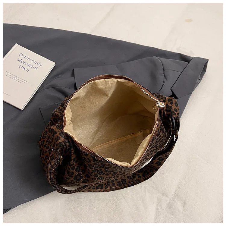 Borsa a tracolla da donna in tessuto morbido alla moda Borsa a tracolla da donna con stampa leopardata di grande capacità