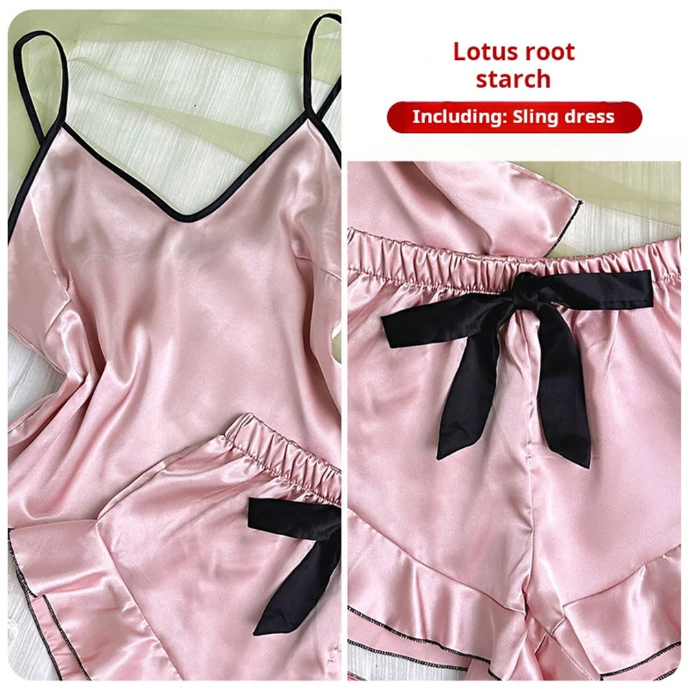Pigiama da donna in raso liscio T-shirt con scollo a V Bordi arruffati e pantaloncini con fiocco Set di pigiama semplice e traspirante