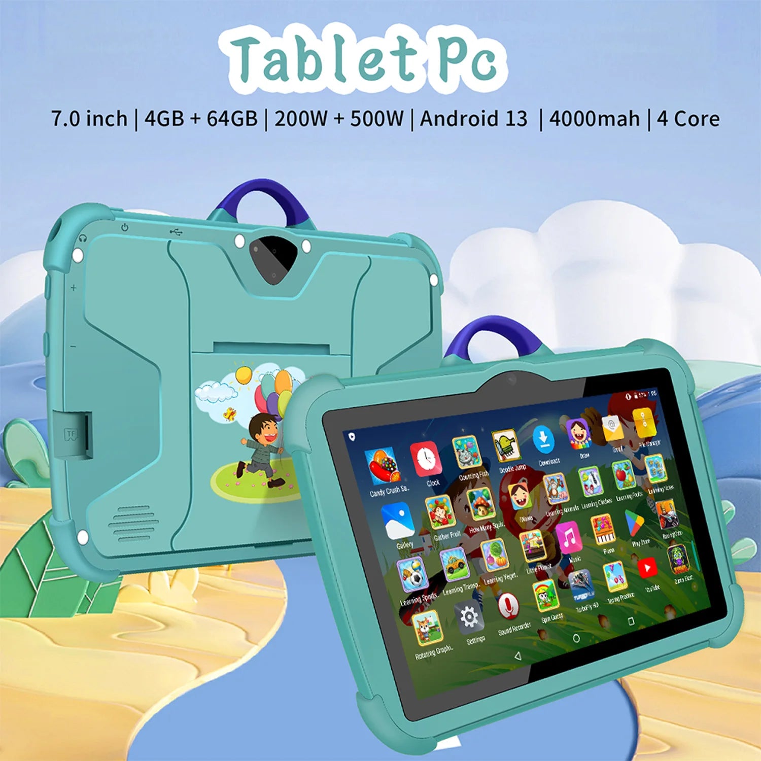Tablet PC per bambini da 7 pollici con Android 13 Quad Core 4GB RAM 64GB ROM Apprendimento educativo Preferito dai bambini Design semplice economico