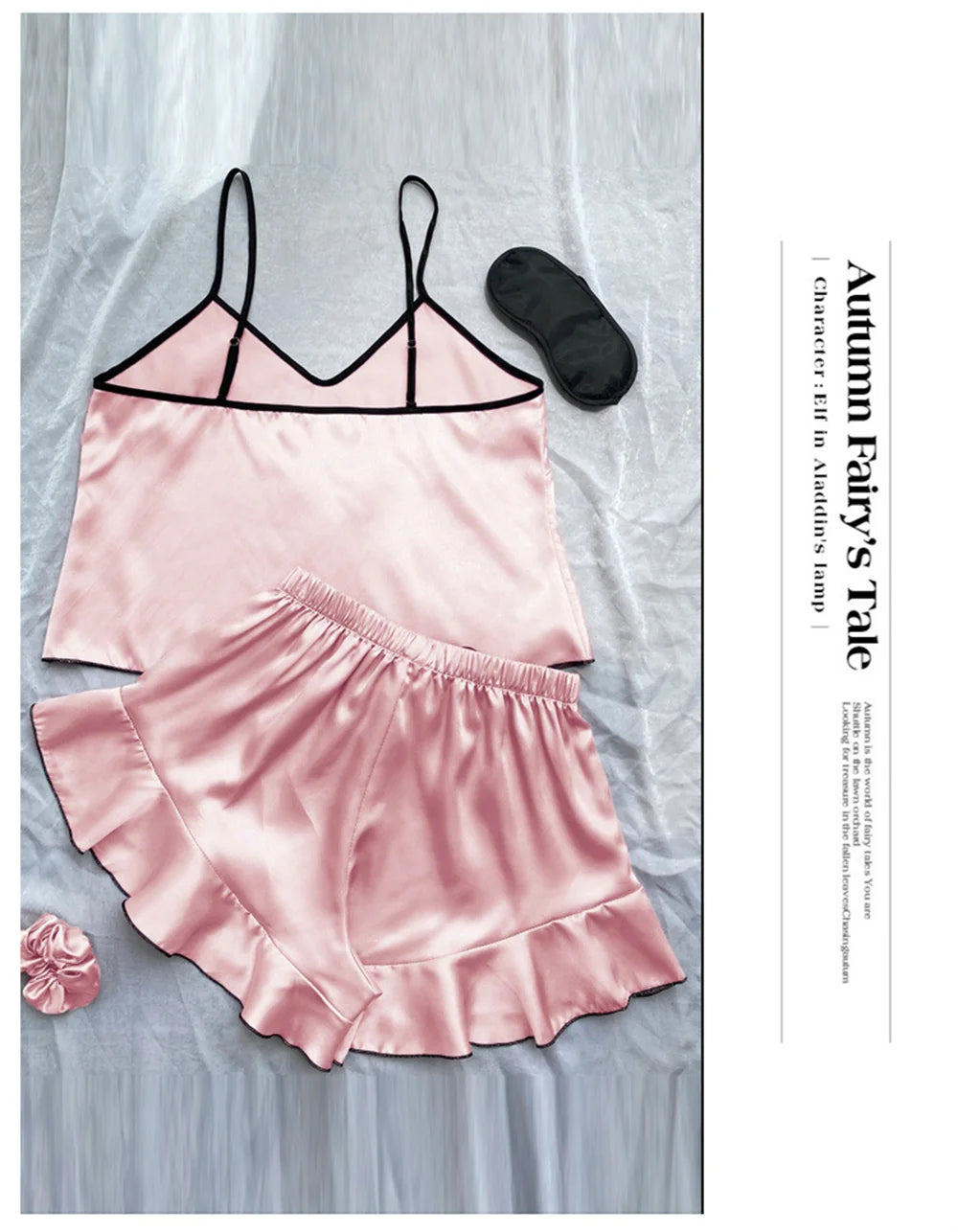 Pigiama da donna in raso liscio T-shirt con scollo a V Bordi arruffati e pantaloncini con fiocco Set di pigiama semplice e traspirante