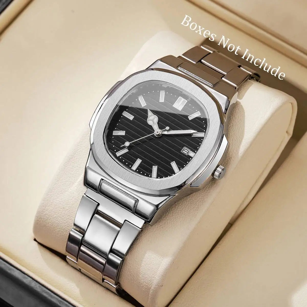 Orologi da uomo di lusso Moda Quadrante quadrato Cinturino in acciaio inossidabile Orologio al quarzo senza scatola
