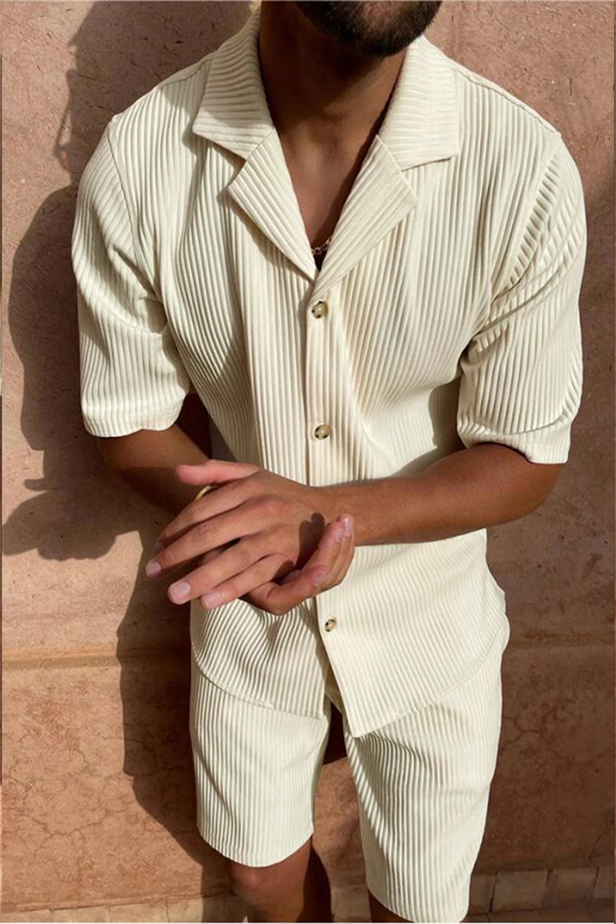Abito Uomo estate in velluto a coste tinta unita camicia e pantaloncini abiti casual da spiaggia elasticizzati