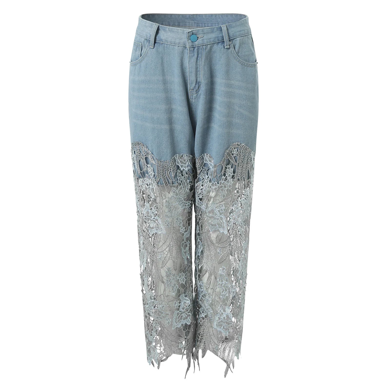 Pantaloni Jeans in denim in pizzo da donna Hollow Out Asimmetrico Patchwork floreale strappato Gamba dritta