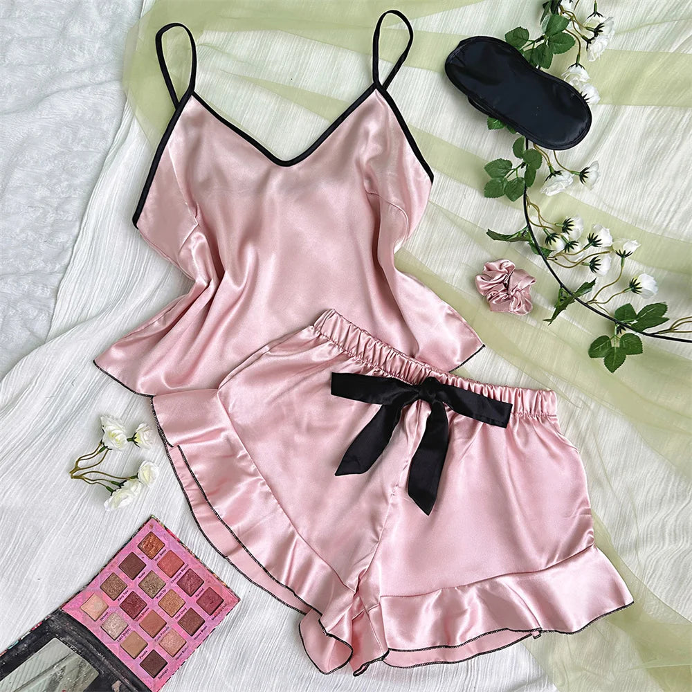 Pigiama da donna in raso liscio T-shirt con scollo a V Bordi arruffati e pantaloncini con fiocco Set di pigiama semplice e traspirante
