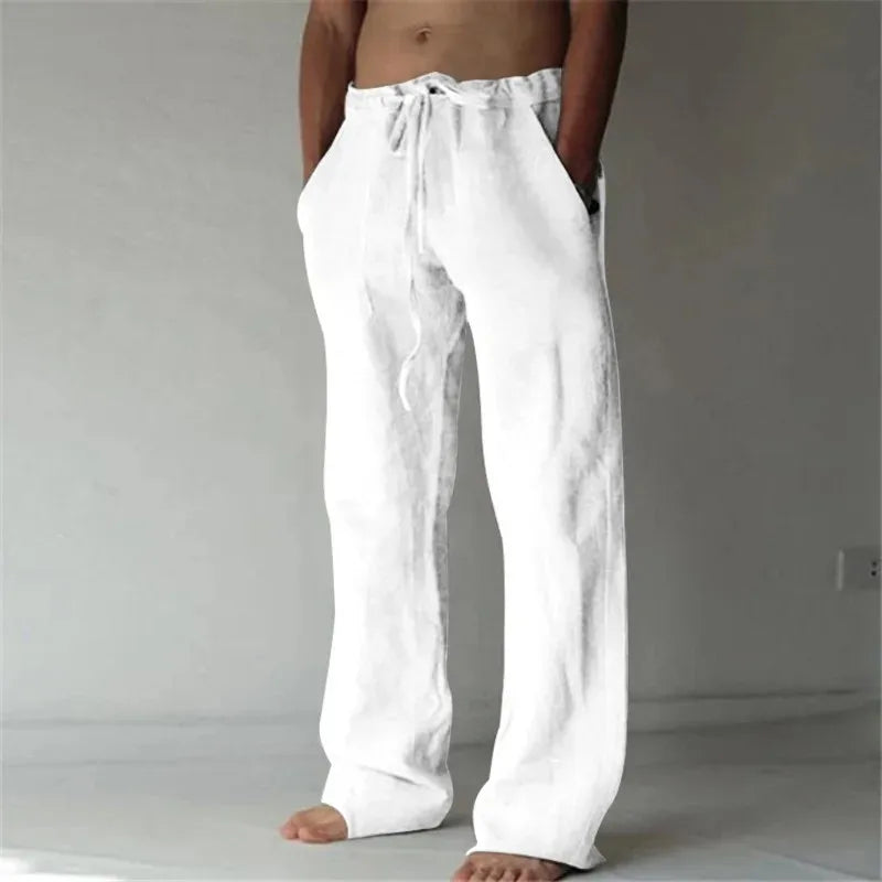 Pantaloni lunghi in lino da uomo estivi, traspiranti, in tinta unita con elastico in vita