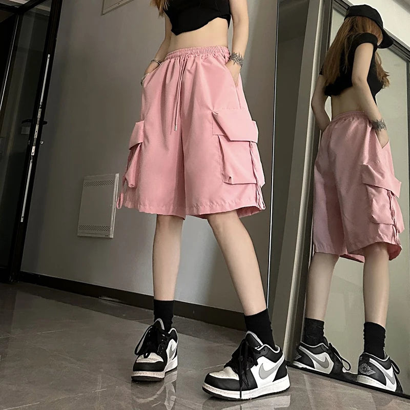ZOKI Pantaloncini cargo a vita alta da donna Stile americano Streetwear Estate Pantaloni a gamba larga