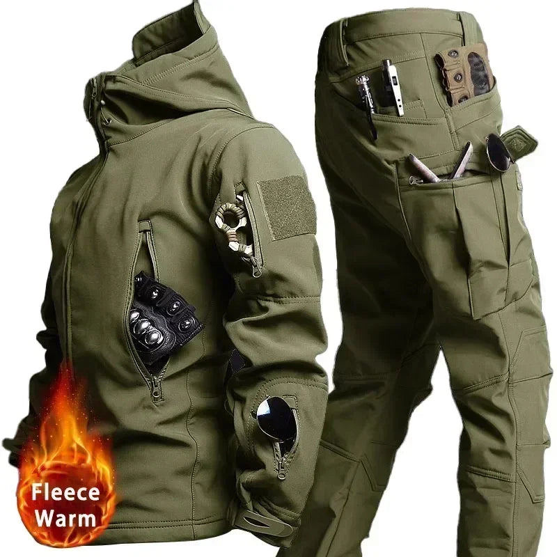 Giacca con cappuccio multi-tasche + Pantaloni in pile da Caccia Impermeabile