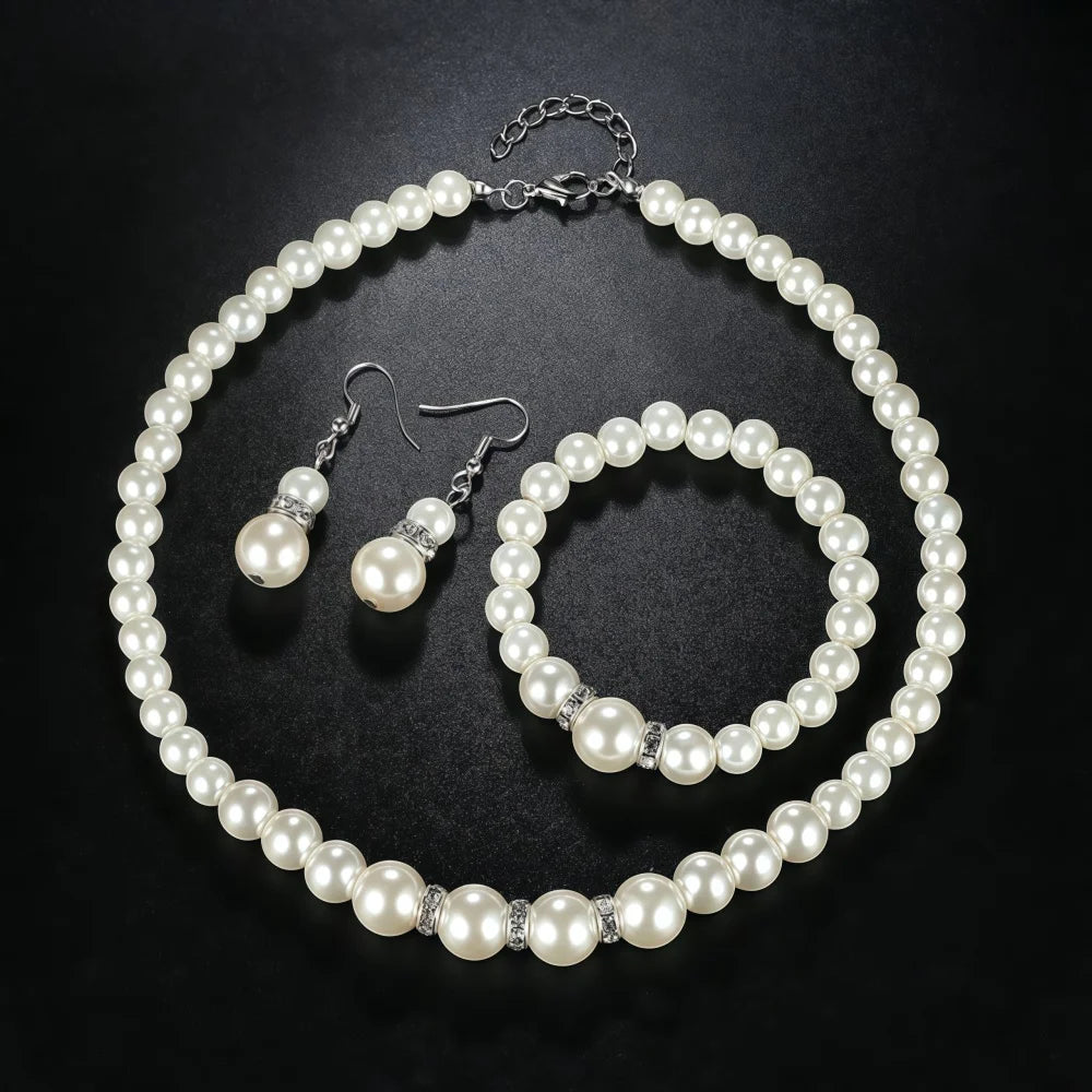 3 PZ Collana, Bracciale, Orecchini Set di gioielli di perle
