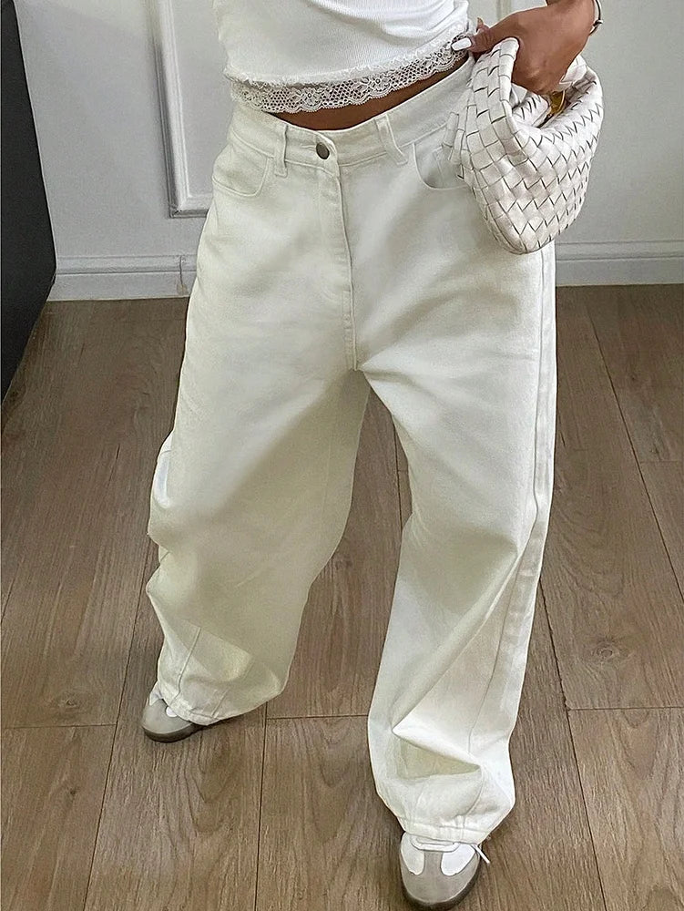 Jeans Donna Larghi Vita Alta Tasca Bianco Solido Retro