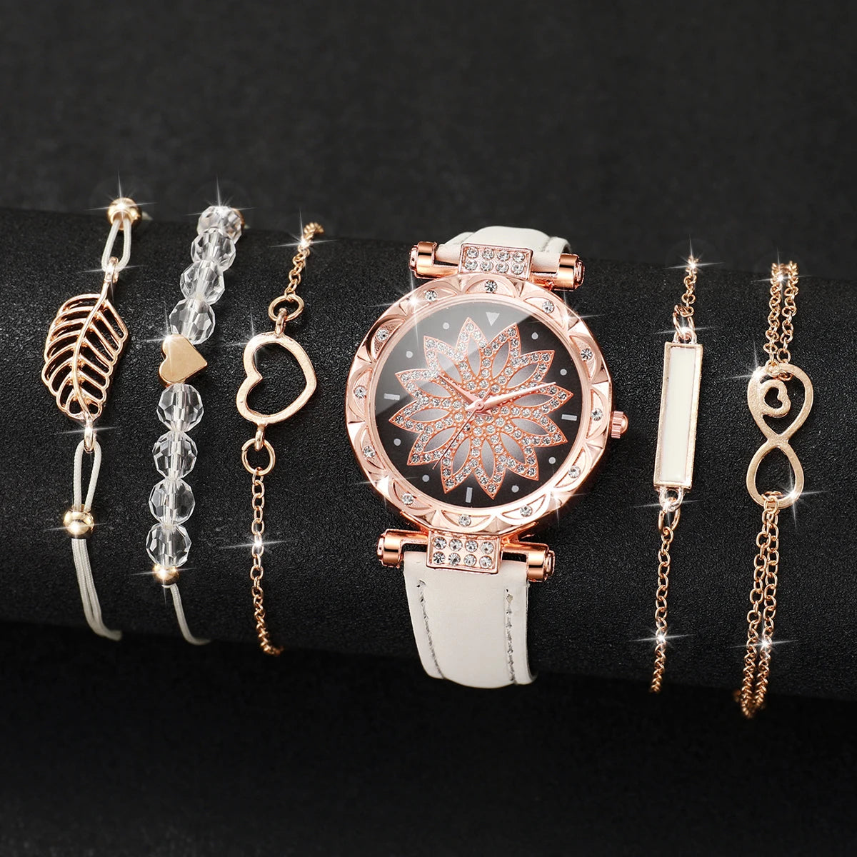 6PCS/Set Moda Quadrante a cuore Orologio da donna Casual Cinturino in pelle Orologio analogico al quarzo Set di bracciali a foglia (senza scatola)
