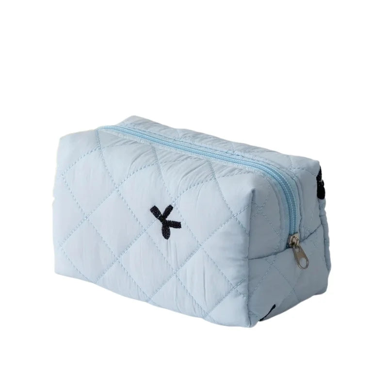 Borsa per il trucco ricamata con fiocco per donna Borsa per articoli da toeletta cosmetici da viaggio di grande capacità