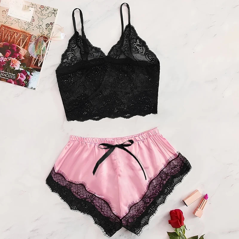Set di pigiama in pizzo sexy da donna 2 pezzi Top