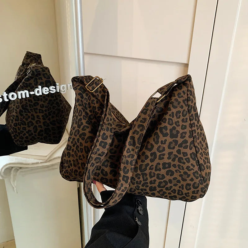 Borsa a tracolla da donna in tessuto morbido alla moda Borsa a tracolla da donna con stampa leopardata di grande capacità