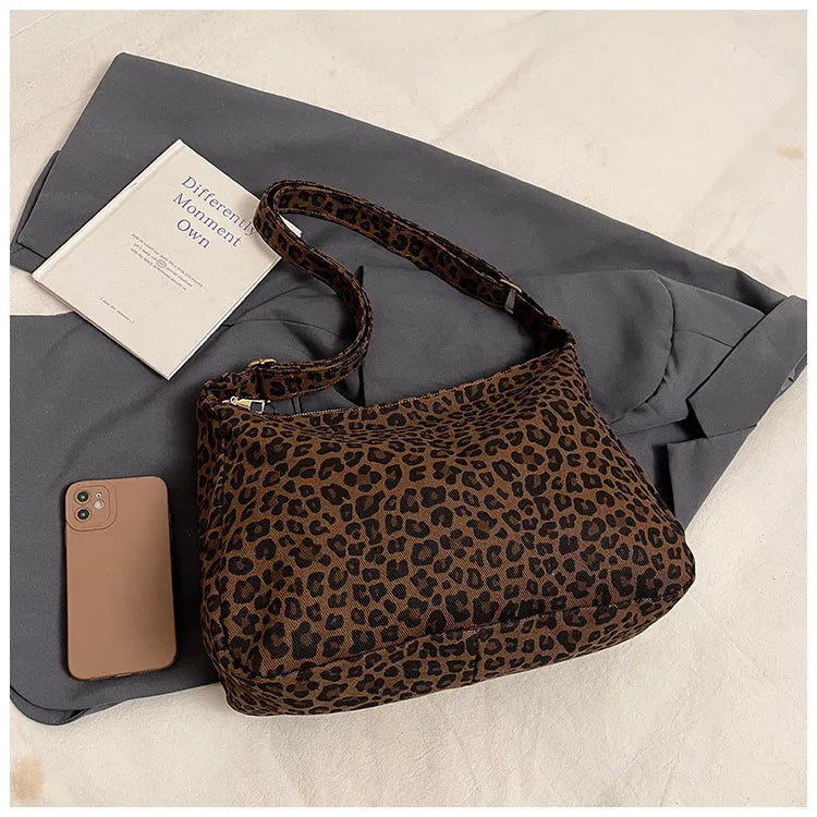 Borsa a tracolla da donna in tessuto morbido alla moda Borsa a tracolla da donna con stampa leopardata di grande capacità