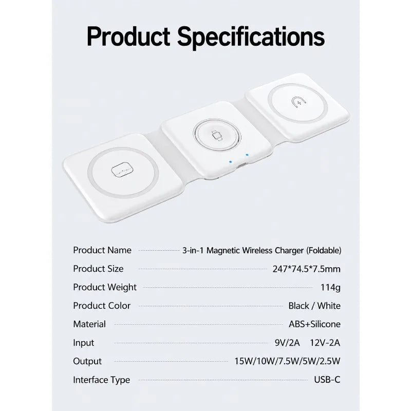 Stazione di ricarica magnetica da viaggio wireless charter portatile 3 in 1 completamente compatibile con il dock di ricarica compatto pieghevole MagSafe
