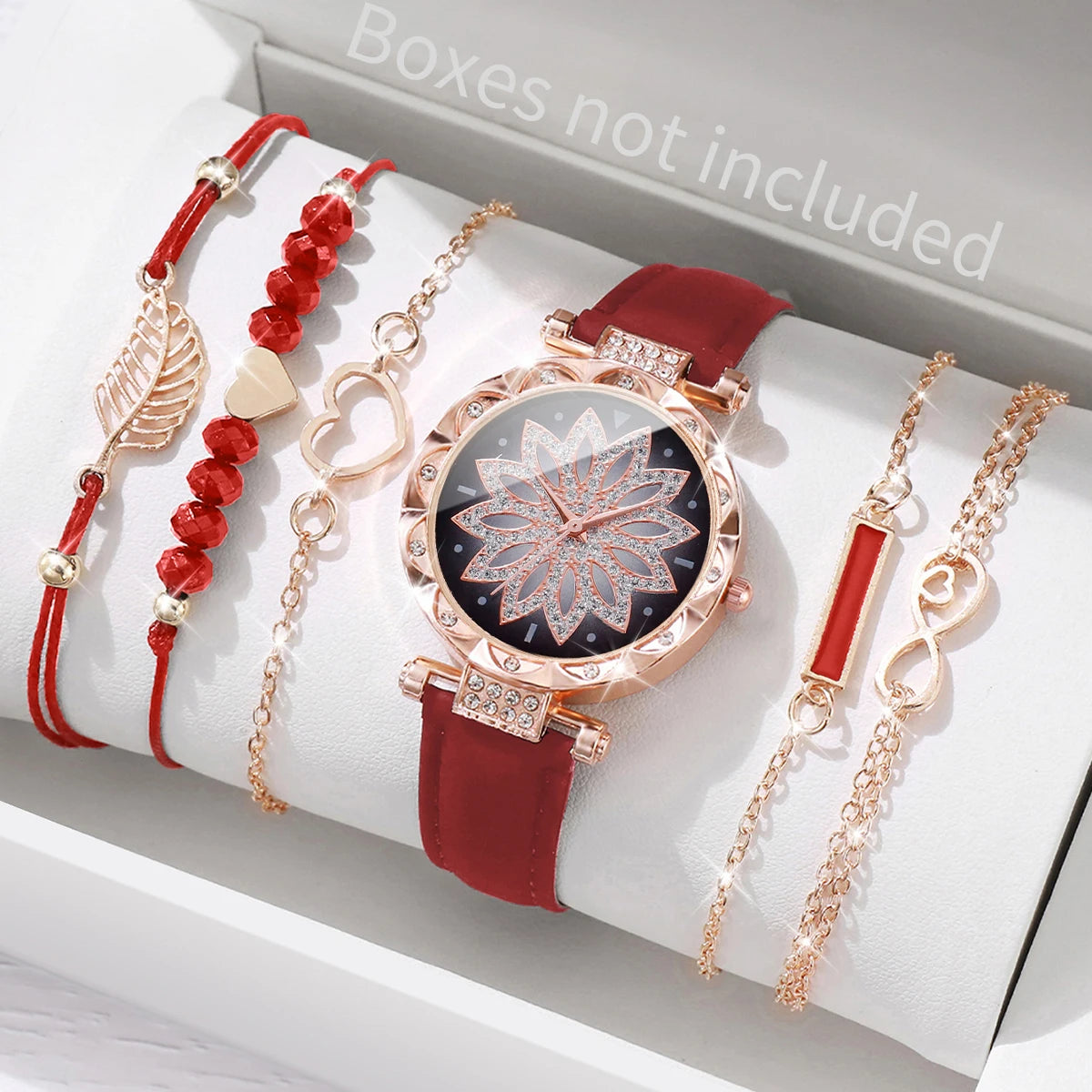 6PCS/Set Moda Quadrante a cuore Orologio da donna Casual Cinturino in pelle Orologio analogico al quarzo Set di bracciali a foglia (senza scatola)