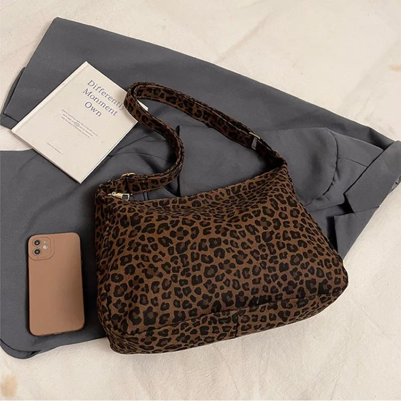 Borsa a tracolla da donna in tessuto morbido alla moda Borsa a tracolla da donna con stampa leopardata di grande capacità