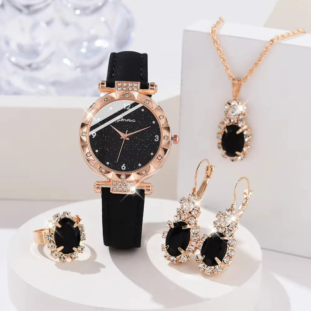 Set 5 pezzi orologio, collana, orecchini, anello