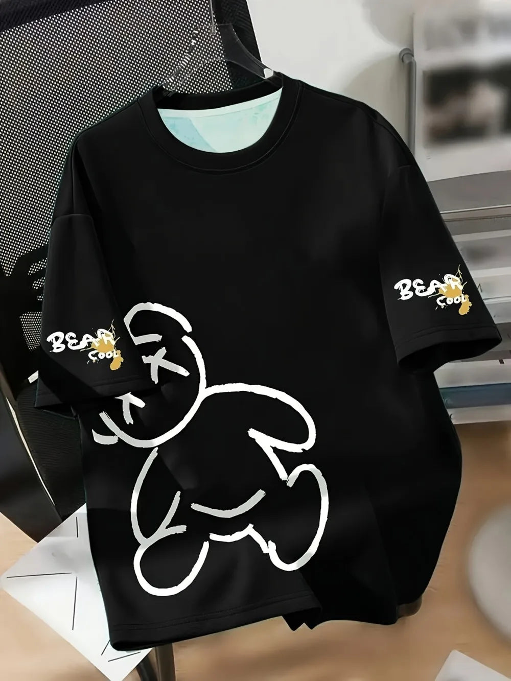 T-shirt estiva da uomo girocollo traspirante con motivo a stampa di orso