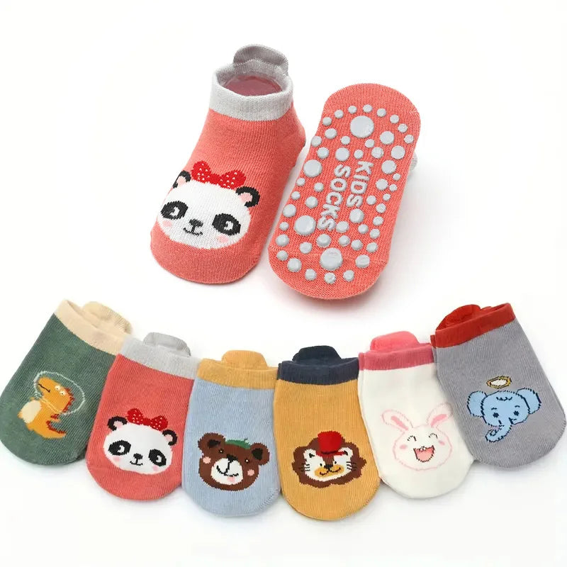 6 paia di calzini di cotone antiscivolo per bambini Cartoon Animal Pattern