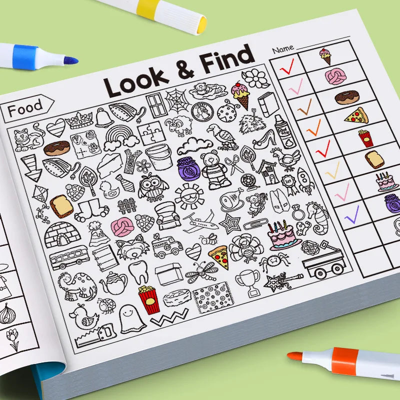 Gioco di ricerca di oggetti per bambini, migliora la percezione visiva, divertente libro da colorare, messa a fuoco e attenzione, libro di esercizi di scrittura a mano