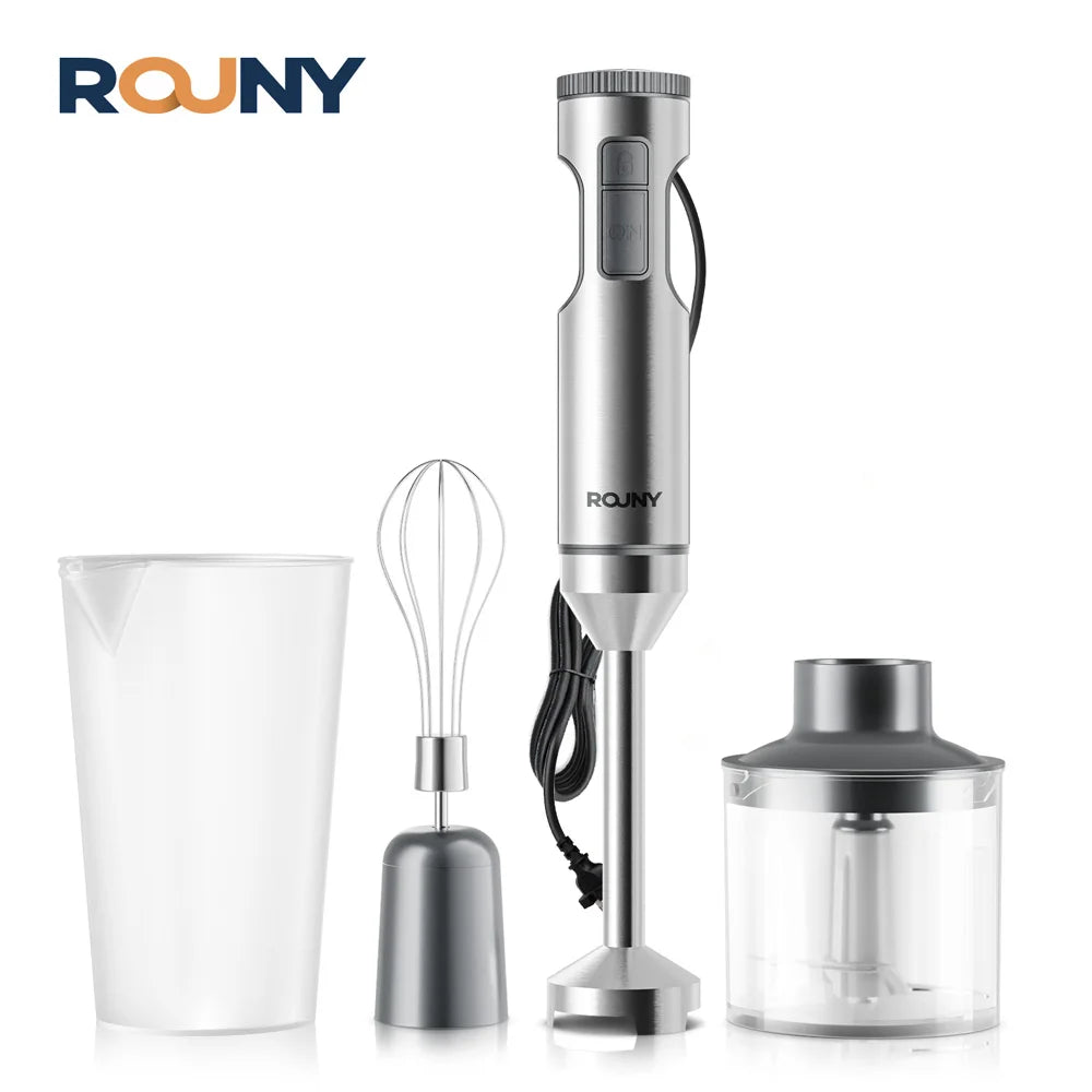 ROUNY Frullatore a immersione a immersione manuale 4-in-1 1000W Potente, miscelatore per alimenti in acciaio inossidabile, bicchiere di miscelazione da 700 ml, processore da 500 ml, + frusta