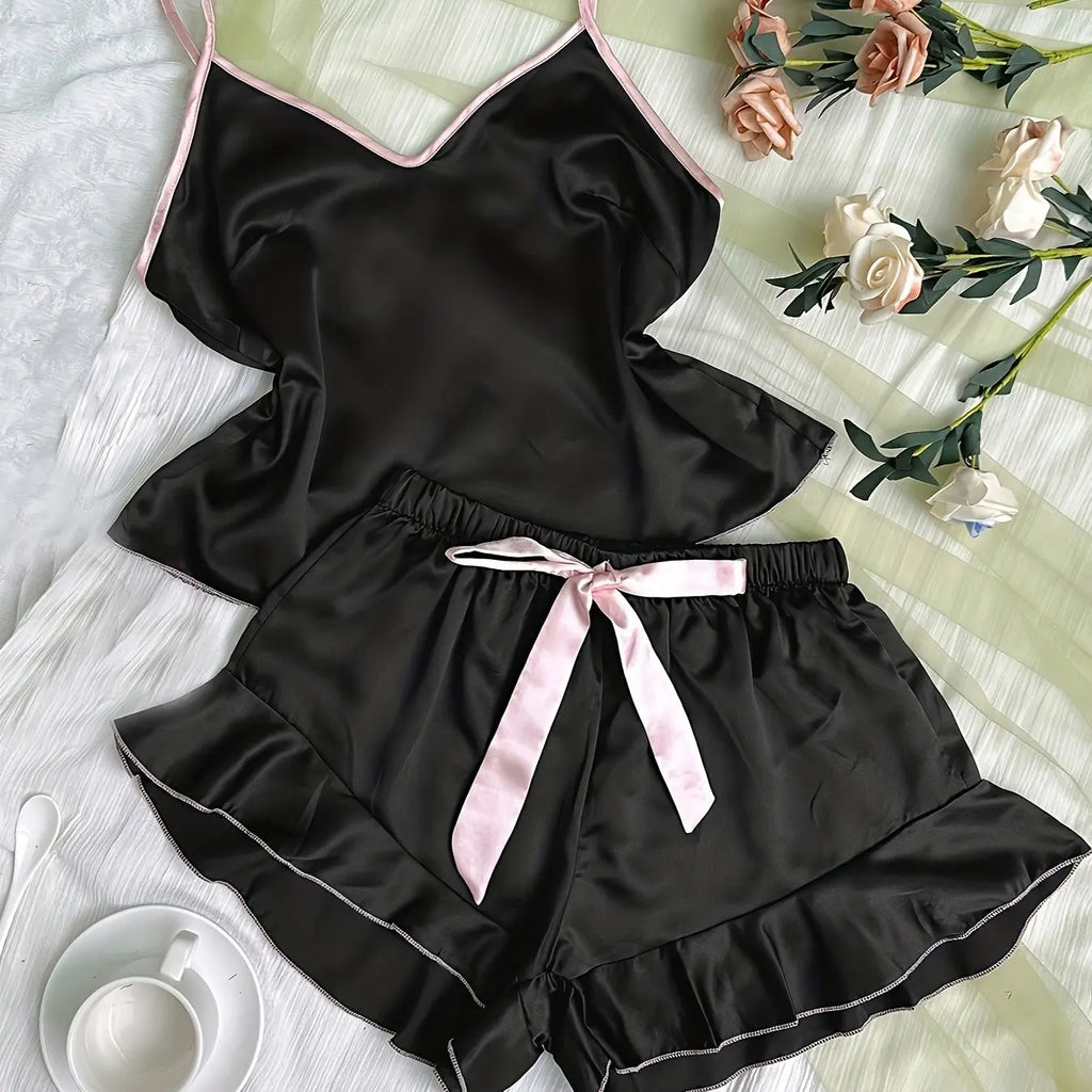 Pigiama da donna in raso liscio T-shirt con scollo a V Bordi arruffati e pantaloncini con fiocco Set di pigiama semplice e traspirante