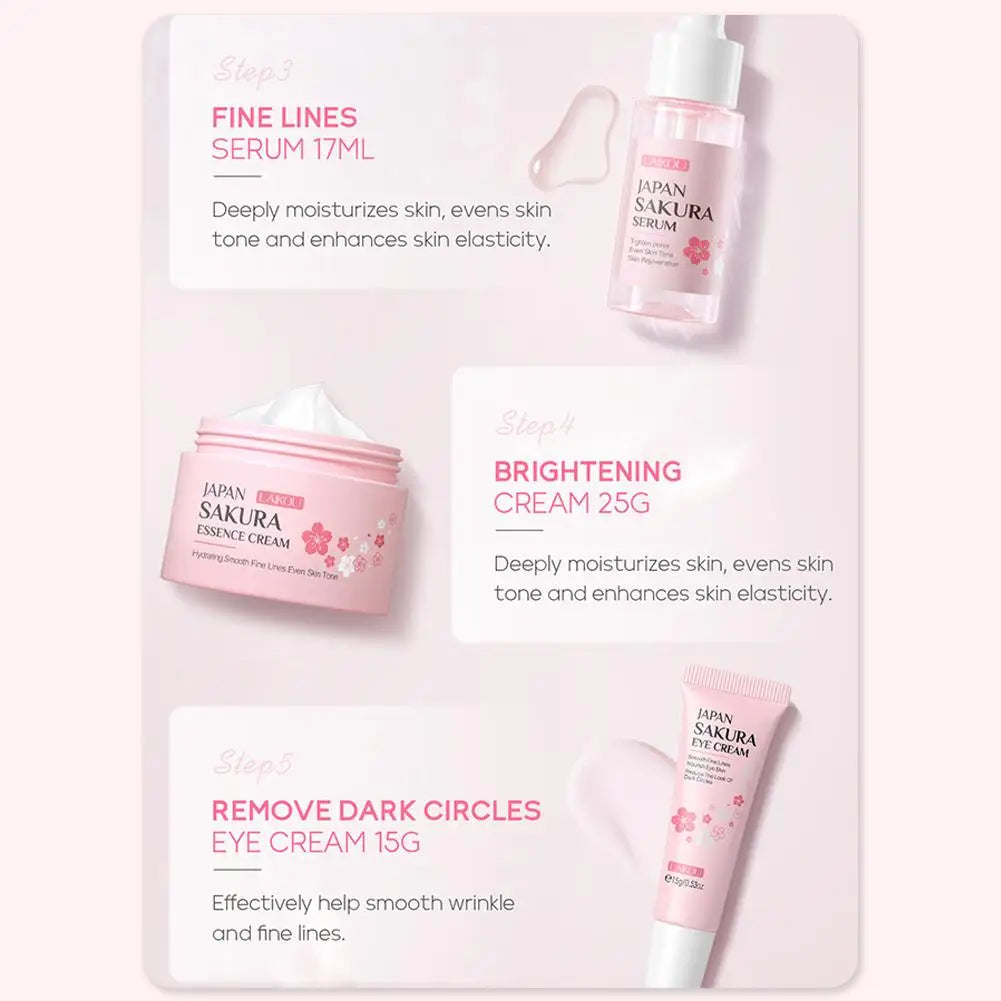 Set 3/5 Sakura Skin Care Crema Viso, Siero Toner, Detergente Viso, Protezione Solare, Crema Occhi, Confezione Regalo