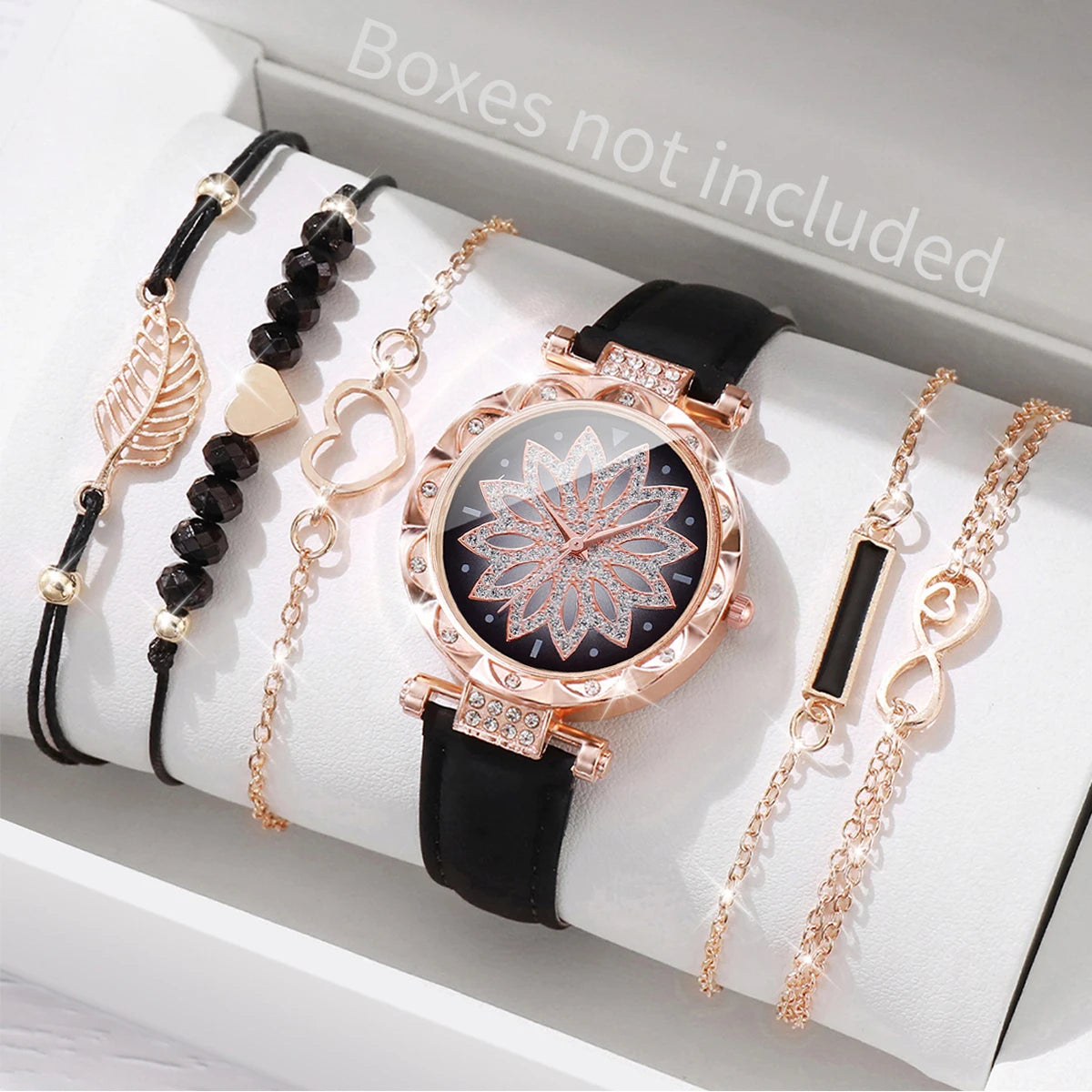 6PCS/Set Moda Quadrante a cuore Orologio da donna Casual Cinturino in pelle Orologio analogico al quarzo Set di bracciali a foglia (senza scatola)