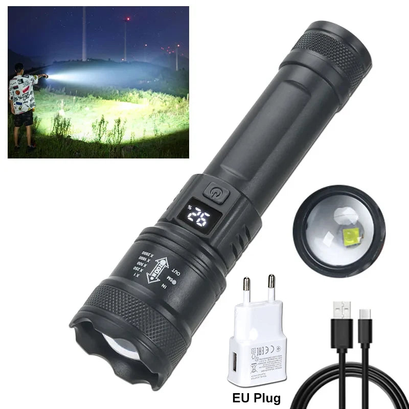 Torce a led ad alta potenza forte 2000LM Torcia tattica con luce del display Ricarica USB