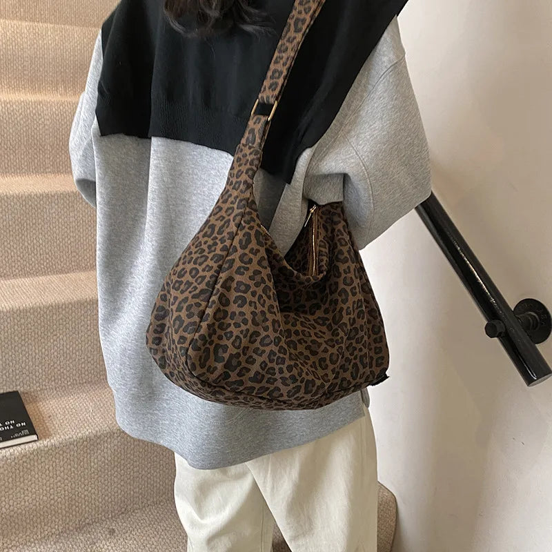 Borsa a tracolla da donna in tessuto morbido alla moda Borsa a tracolla da donna con stampa leopardata di grande capacità