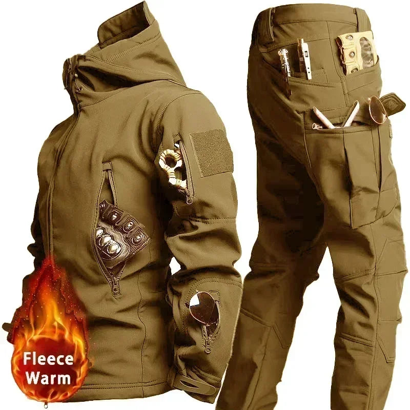 Giacca con cappuccio multi-tasche + Pantaloni in pile da Caccia Impermeabile