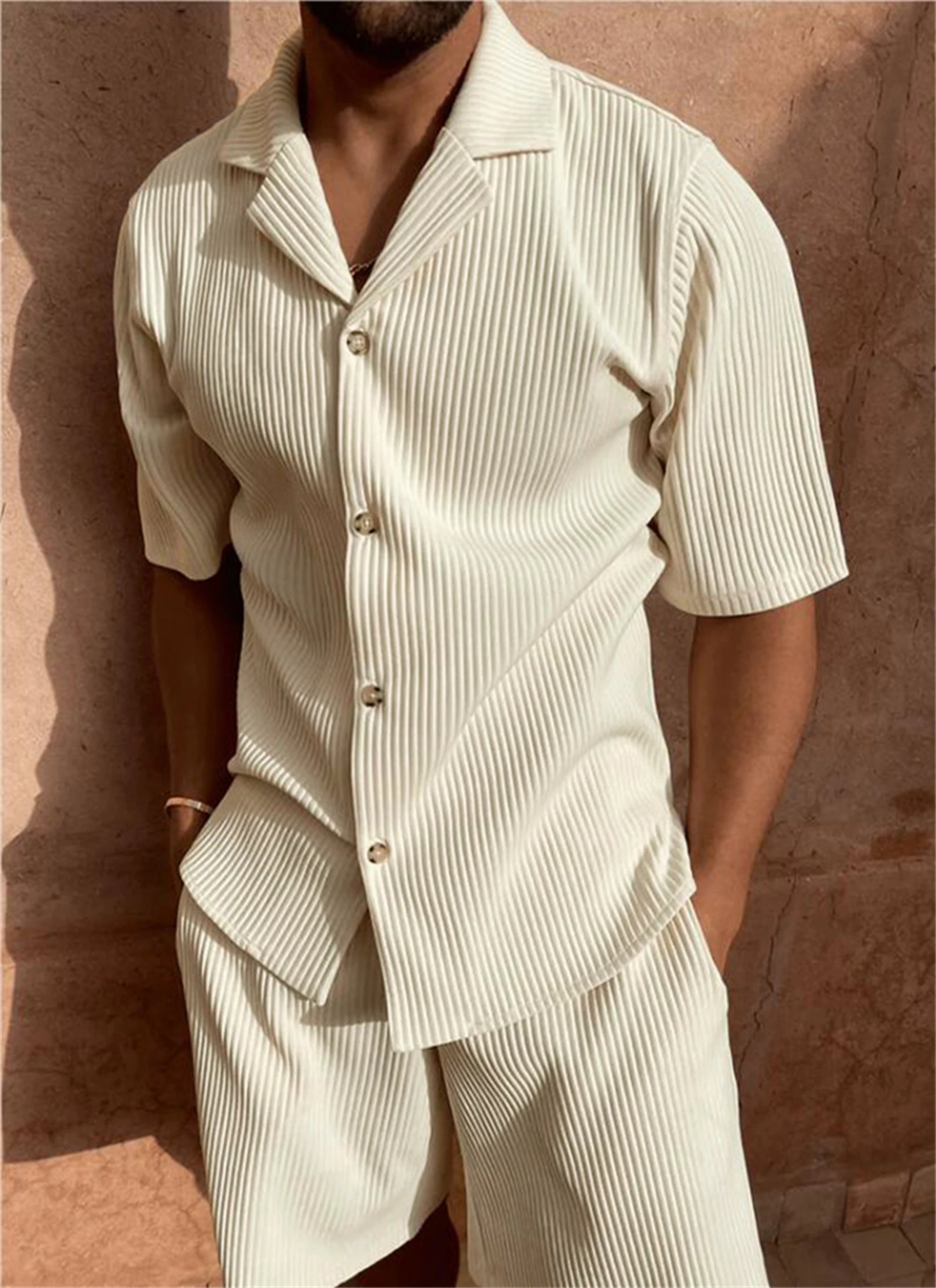 Abito Uomo estate in velluto a coste tinta unita camicia e pantaloncini abiti casual da spiaggia elasticizzati