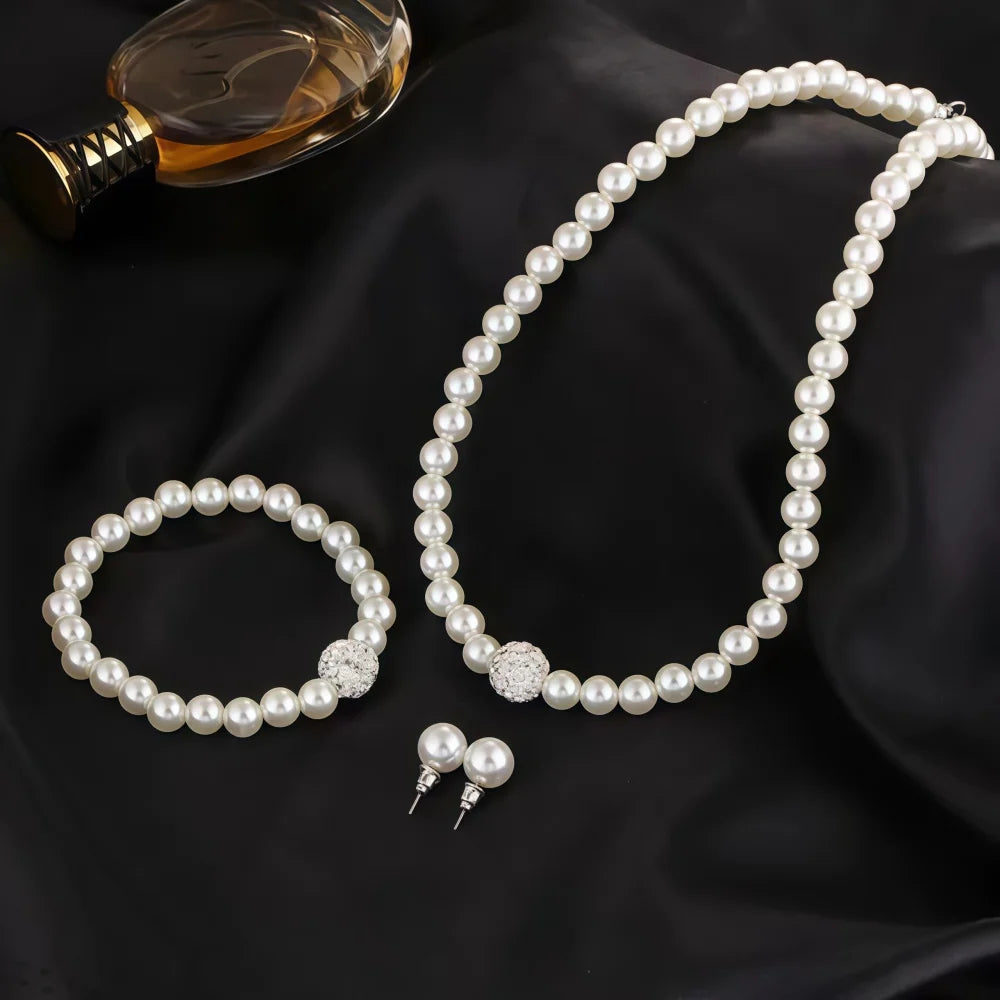 3 PZ Collana, Bracciale, Orecchini Set di gioielli di perle