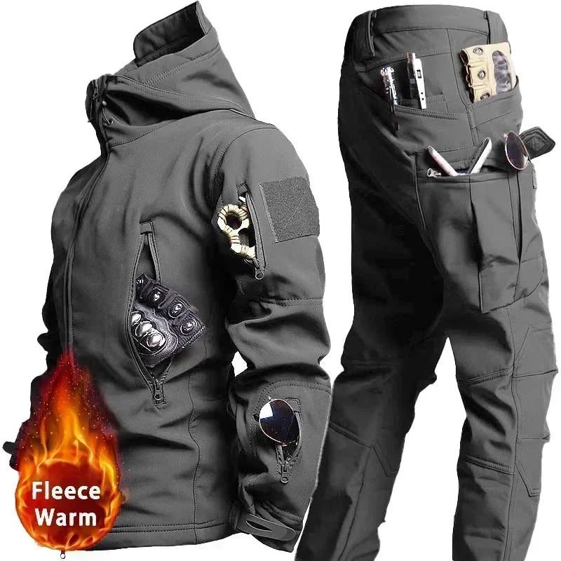 Giacca con cappuccio multi-tasche + Pantaloni in pile da Caccia Impermeabile