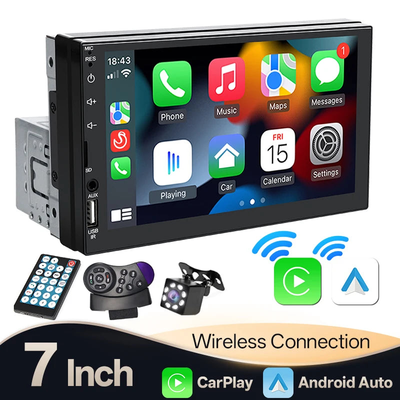 Hippcron 7" 1Din Car Radio Wireless CarPlay Android Auto Bluetooth AUX USB Universal Multimedia MP5 Player Mirror Link Autoradio