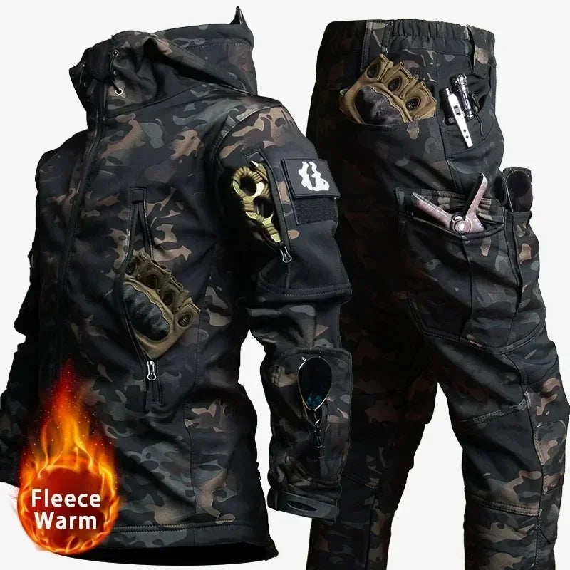Giacca con cappuccio multi-tasche + Pantaloni in pile da Caccia Impermeabile