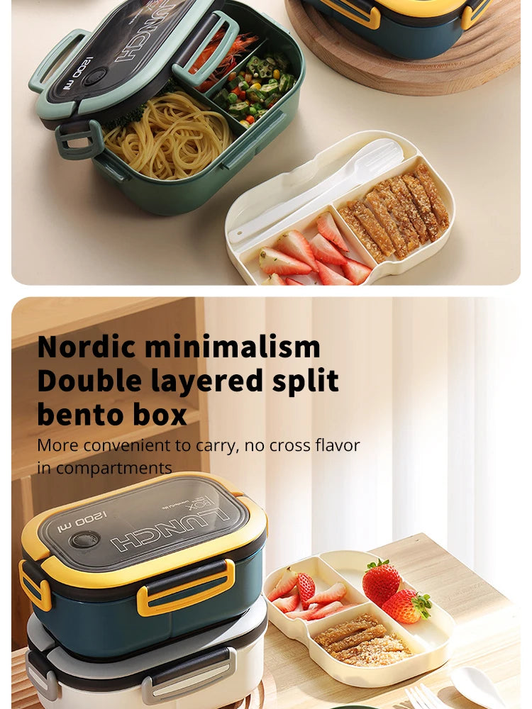 Scatola per il pranzo  a doppio strato Scomparto portatile Scatola per alimenti per frutta Scatola per pranzo al microonde con forchetta e cucchiaio Scatola fresca da picnic