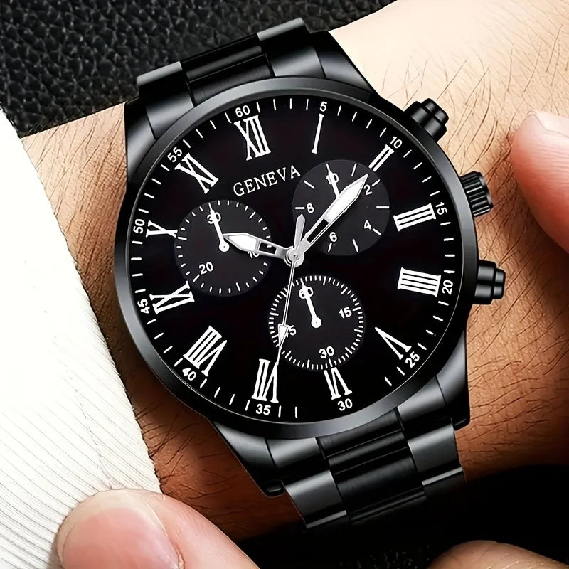 Orologio al quarzo da uomo alla moda - cinturino in acciaio inossidabile, cassa rotonda in lega di zinco, set 4 pezzi