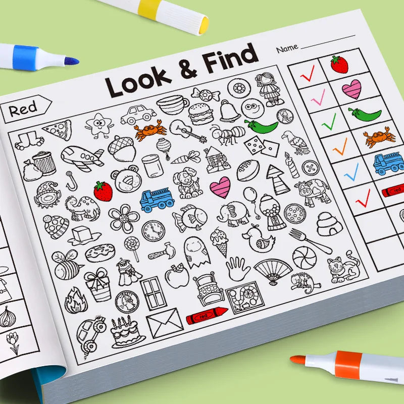 Gioco di ricerca di oggetti per bambini, migliora la percezione visiva, divertente libro da colorare, messa a fuoco e attenzione, libro di esercizi di scrittura a mano