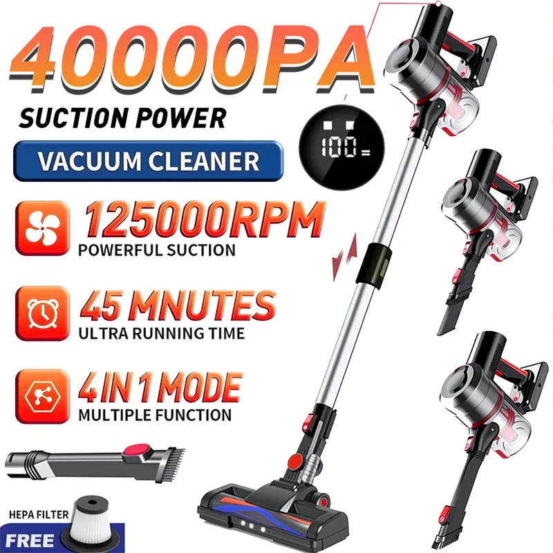 Aspirapolvere senza fili 40KPa Aspirazione forte, tempo di esecuzione 60 minuti, doppia alimentazione per auto, garage, pulizia della casa