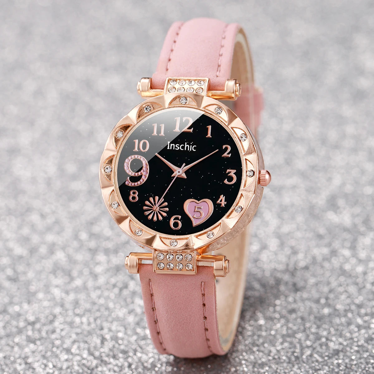 6PCS/Set Moda Quadrante a cuore Orologio da donna Casual Cinturino in pelle Orologio analogico al quarzo Set di bracciali a foglia (senza scatola)