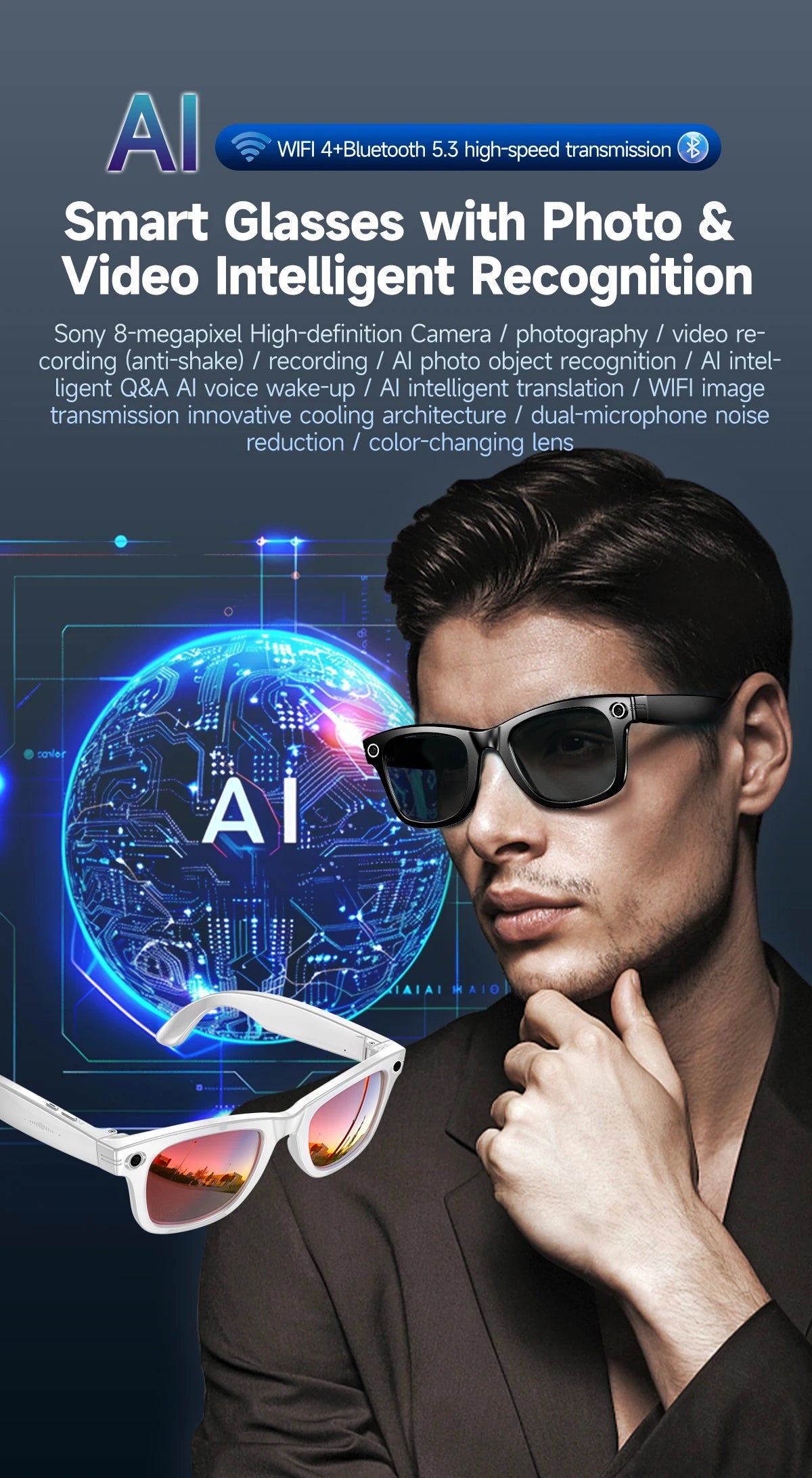 Nuova fotocamera da 800 W Occhiali AI Occhiali di traduzione intelligente che cambiano colore Foto Registrazione video Chiamata impermeabile Occhiali da sole intelligenti