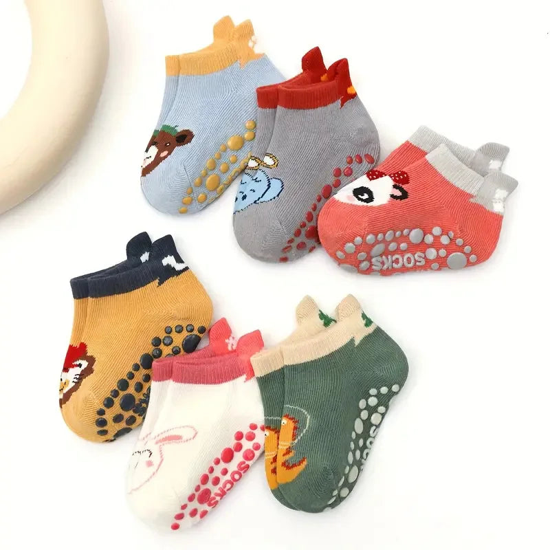 6 paia di calzini di cotone antiscivolo per bambini Cartoon Animal Pattern