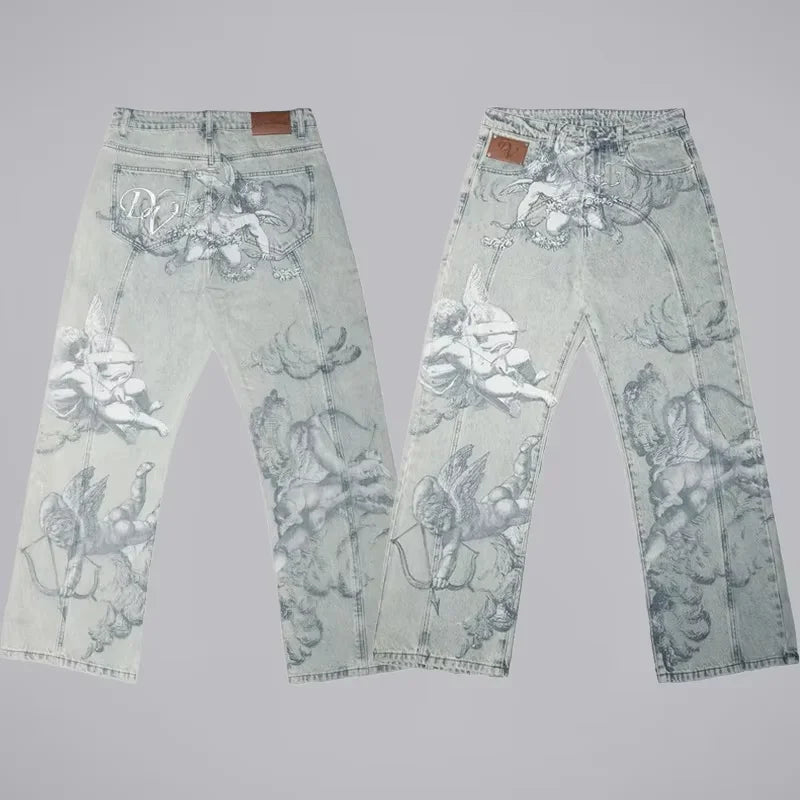 Jeans oversize Unisex a vita alta stampati Y2K Abbigliamento retrò americano Gothic Punk