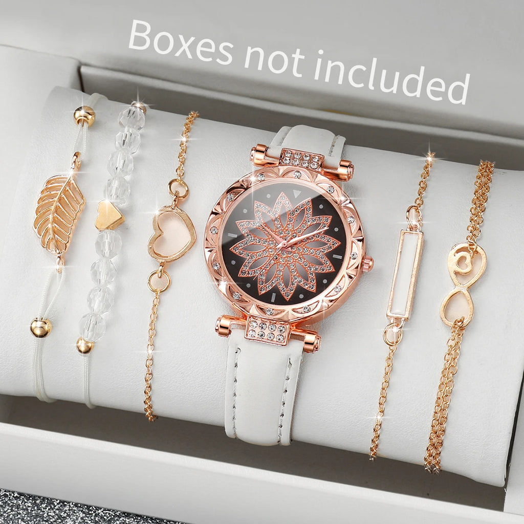 6PCS/Set Moda Quadrante a cuore Orologio da donna Casual Cinturino in pelle Orologio analogico al quarzo Set di bracciali a foglia (senza scatola)